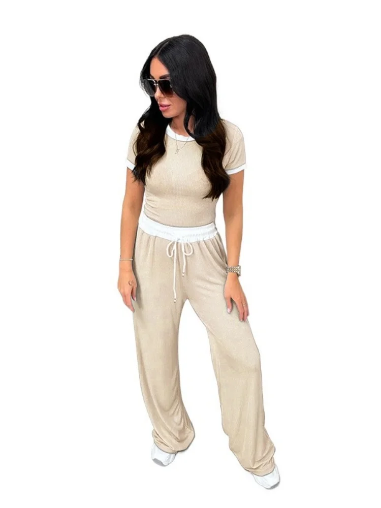 Wmstar Two Piece Set Women Wholesale Border Round Neck Color Blocking Short Sleeved Fashion Casual Wide Leg Pants Sportswear