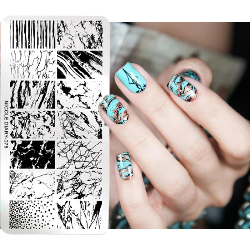 NICOLE DIARY Artists Marble Nail Stamping Plates Geometric Lines Stamp Template Flower Leaf Image Printing Stencil DIY Mold | Красота и