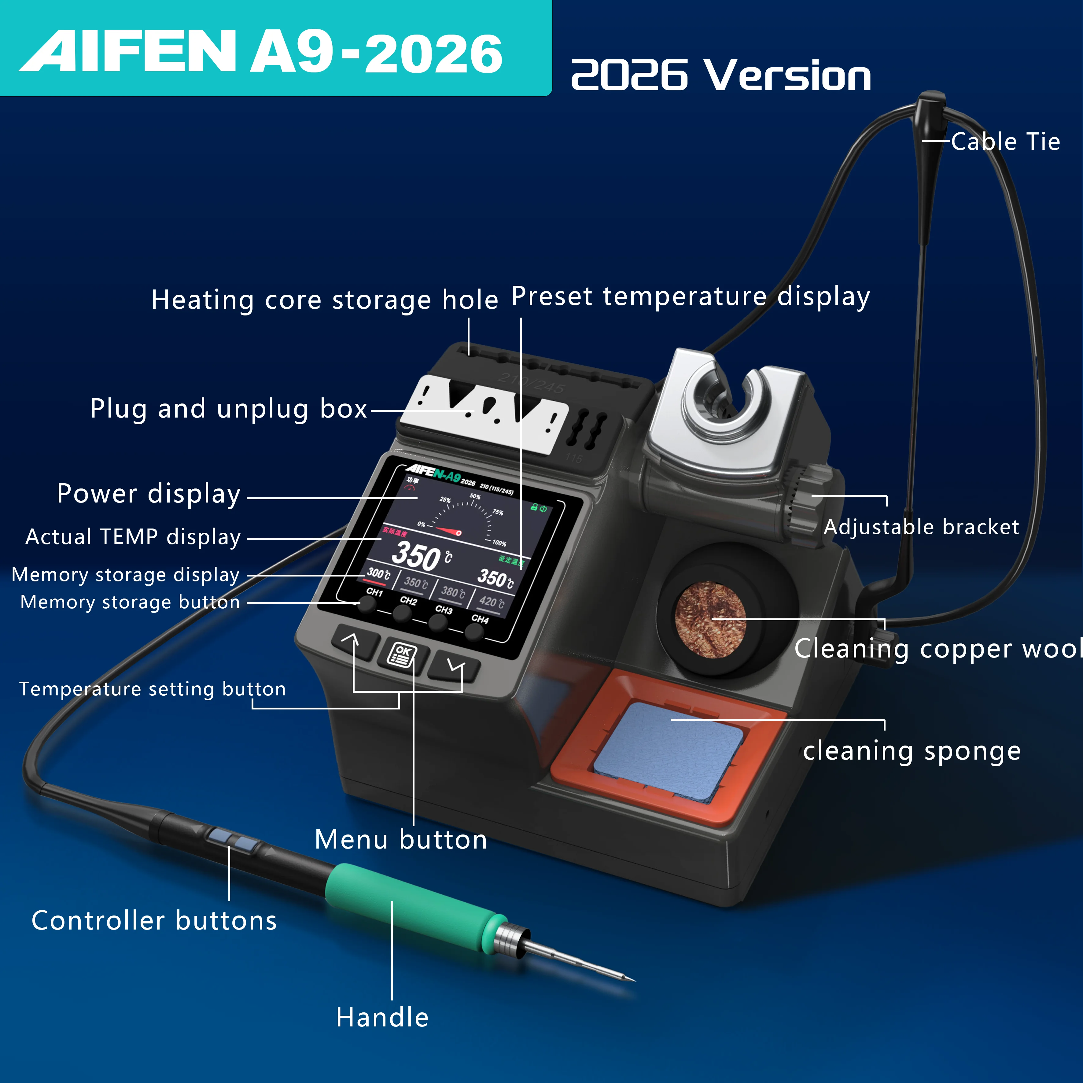 AIFEN A9-2026 납땜 스테이션, 210/245/115 인두팁 호환, 핸들 온도 조절, 용접 리워크 도구
