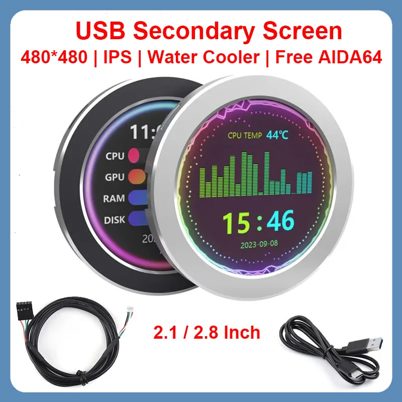 

2.8 / 2.1 Inch IPS Water Cooler Screen USB Secondary Screen Music Spectrum Analysis Function CPU RAM GPU Monitoring PC No AIDA64