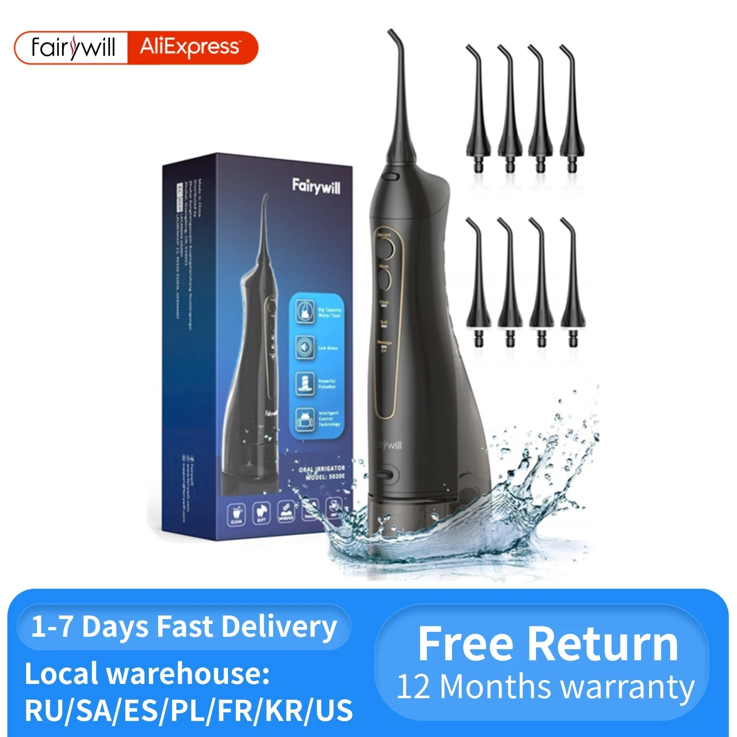 Oral Irrigator Dental Cleaner Water Flosser Fairywill Portable Dental Water Flosser Oral Irrigator USB Rechargeable Water Floss Jet Tooth Pick 7Tips 300ml Mouth washing ma