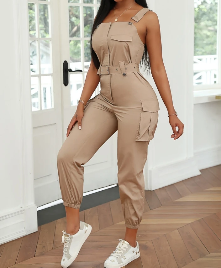 Women's Clothes New Fashion Pocket Buckle Design Cargo Suspender Jumpsuit for Women Sleeveless Square Neck Casual Long Jumpsuits