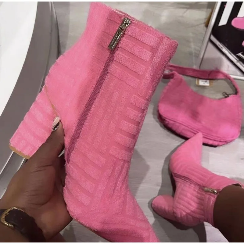 Vanessas women’s block heels stripe embossing pointed toe female shoes autumn ankle high heel boots