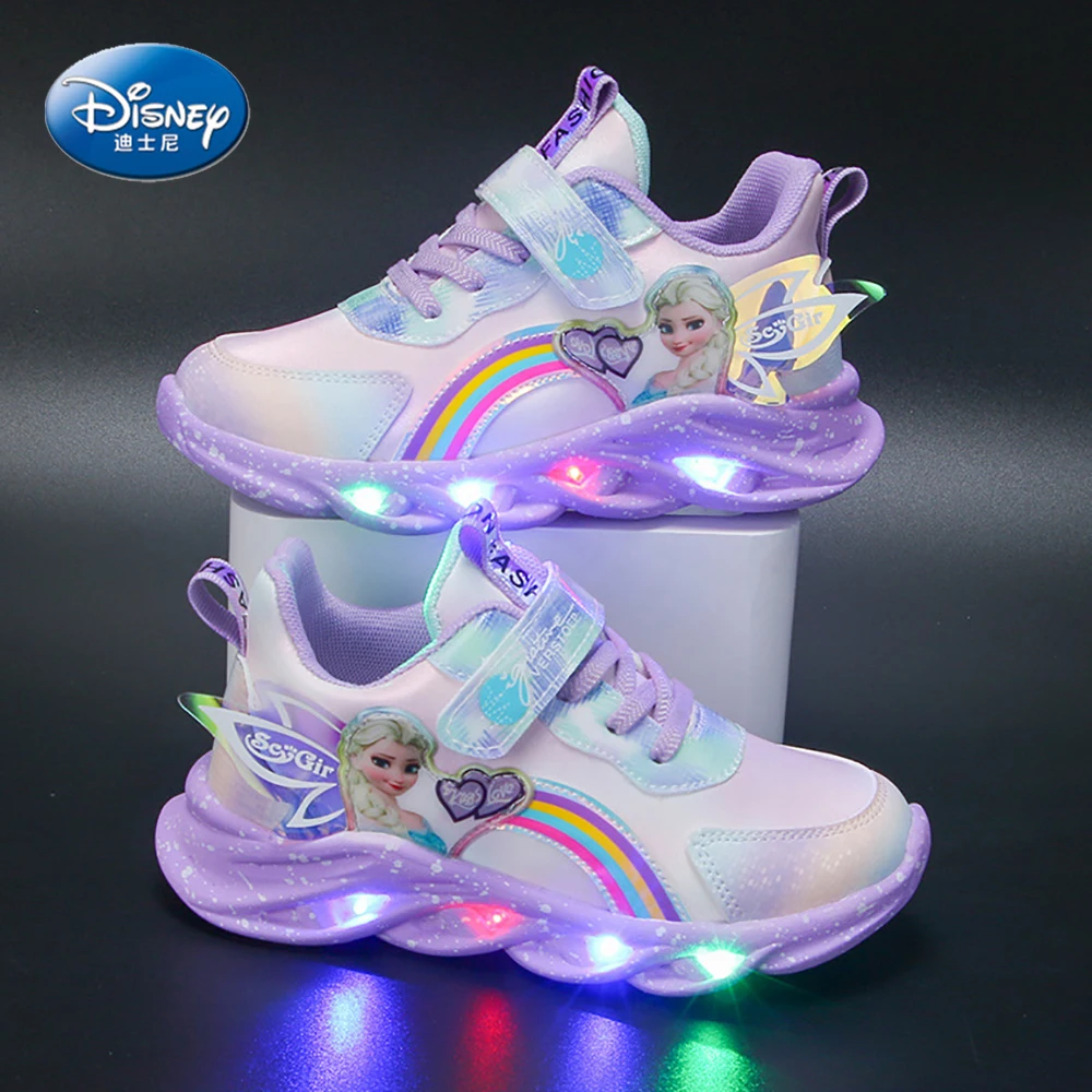 2022 New Disney LED Casual Sneakers For Spring Girls Frozen Elsa Princess Print Outdoor Shoes Children