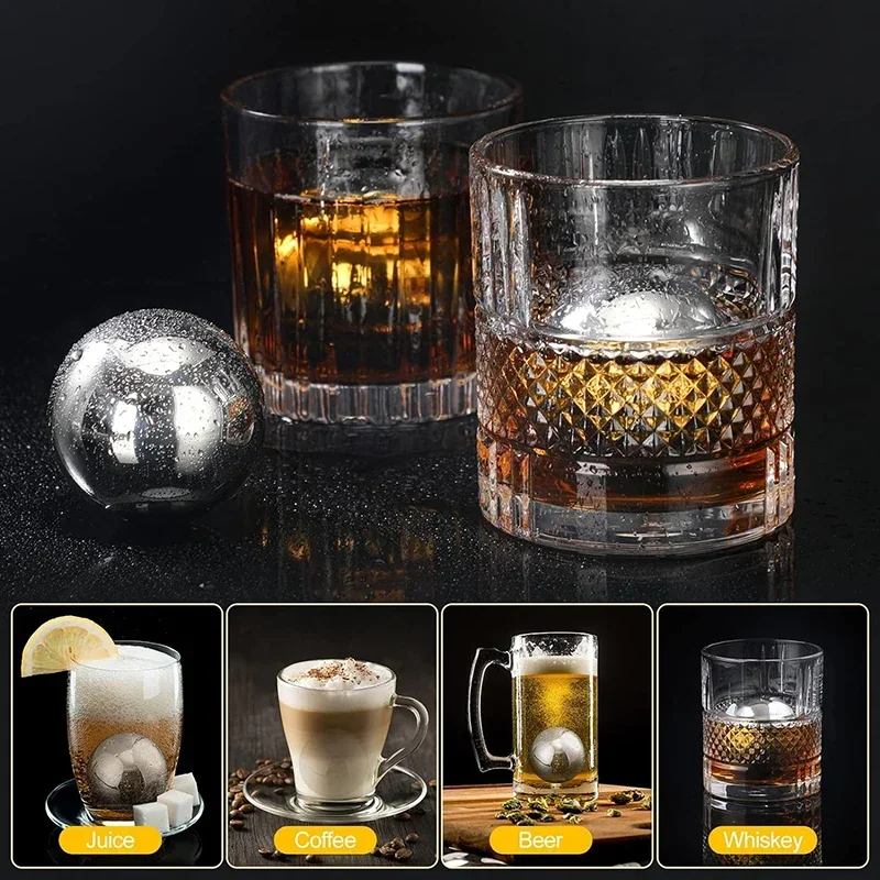 Large Whiskey Stones Round Stainless Steel Ice Ball Reusable Drink Cooler for Beer Wine Coffee Food Grade Bar Accessories 2pcs