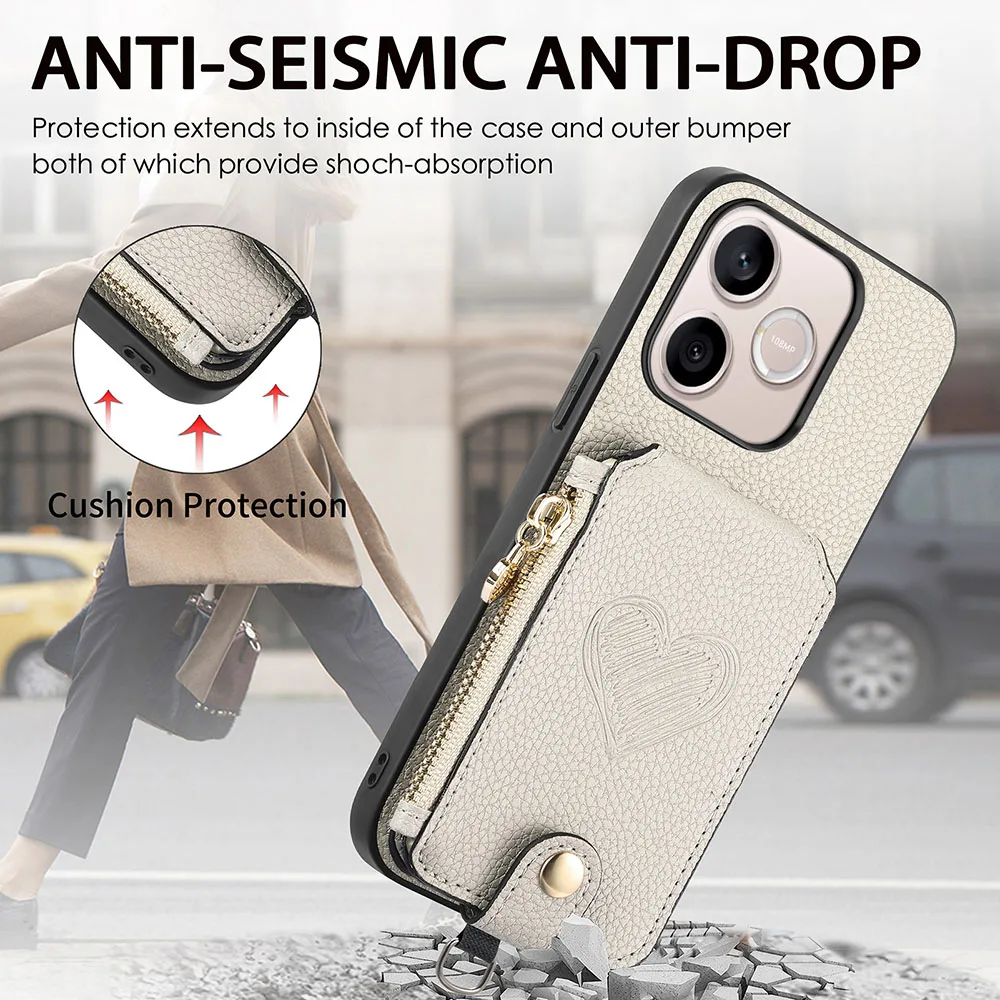 Zipper Wallet Leather Phone Case with Card Holder and Lanyard