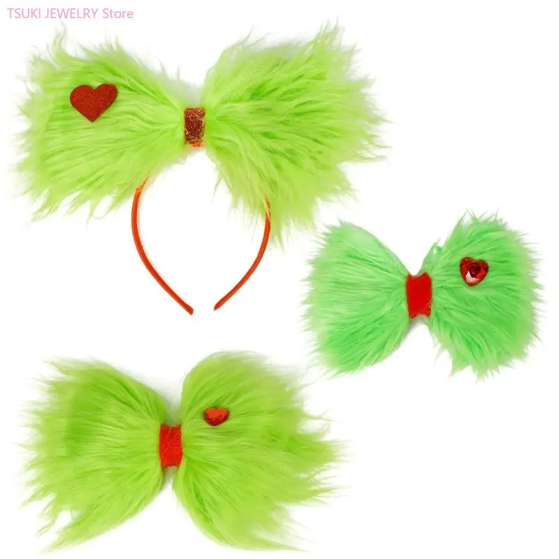 62KE Haarspange/Stirnband, Plüsch, grünes Design, einfacher Druckknopfverschluss, Schmuck für Weihnachtsfeiern, Familienfeiern – Detail 8