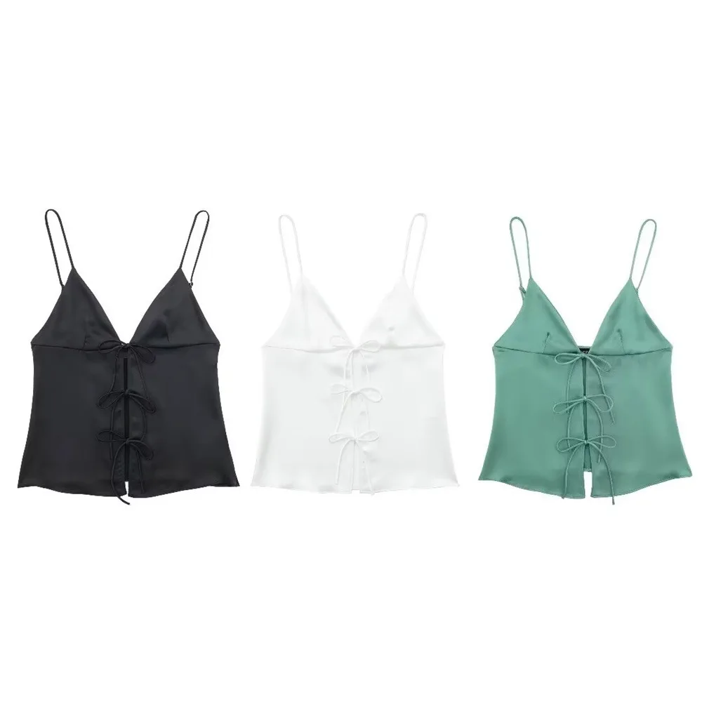 

New casual bow embellished silk satin texture top