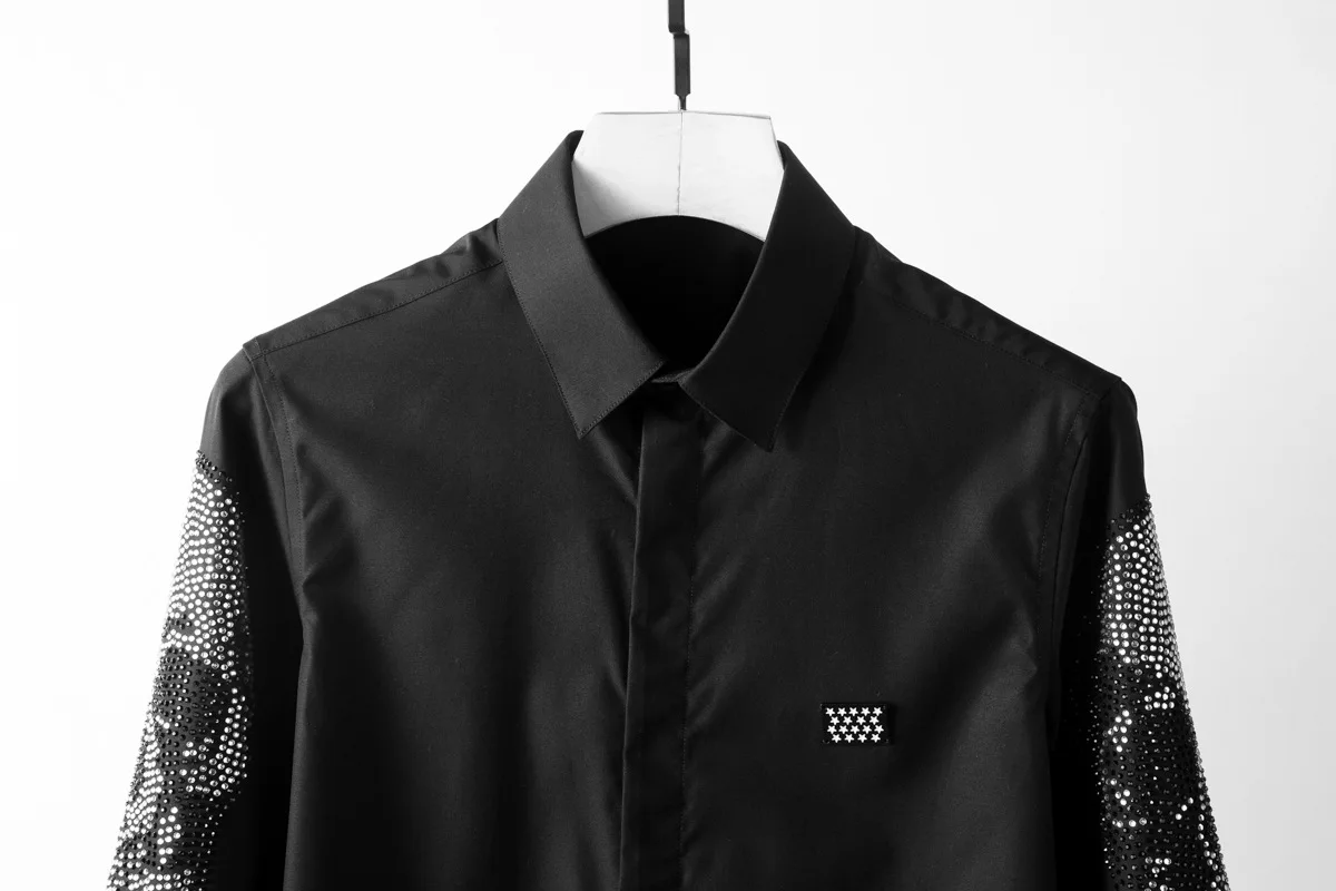 Brand Luxury Skull Rhinestones Shirts Men Long Sleeved Casual Shirt Slim Fit Social Party Tuxedo Blouse Streetwear Men Clothing