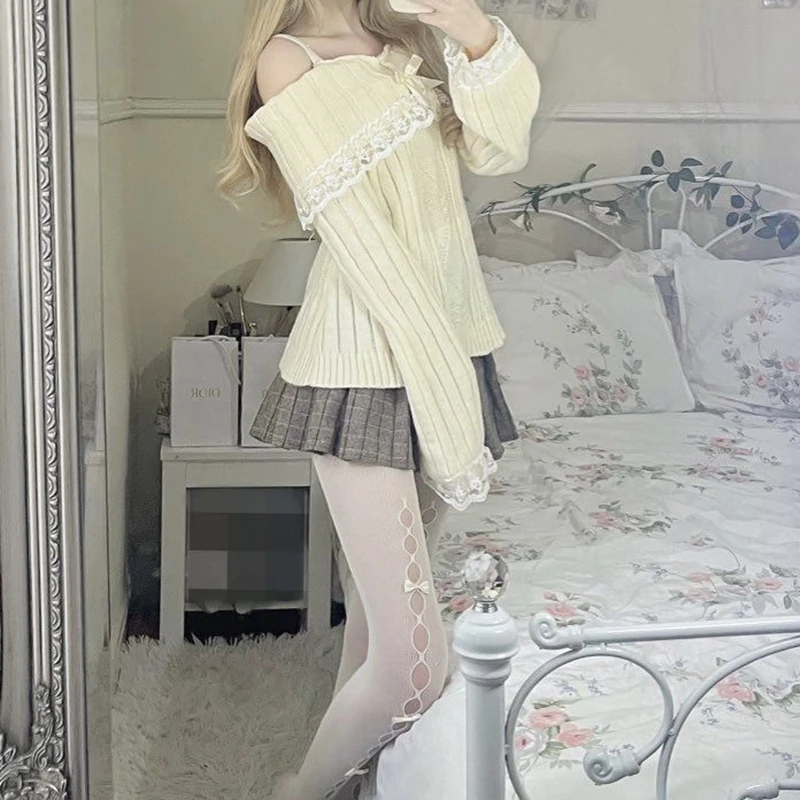 Pretty Cute Outfits Harajuku Cosplay Sweater Kawaii Lace Trim Off Shoulder Pullovers Y2K Aesthetic Vintage Long Sleeve Jumpers 5