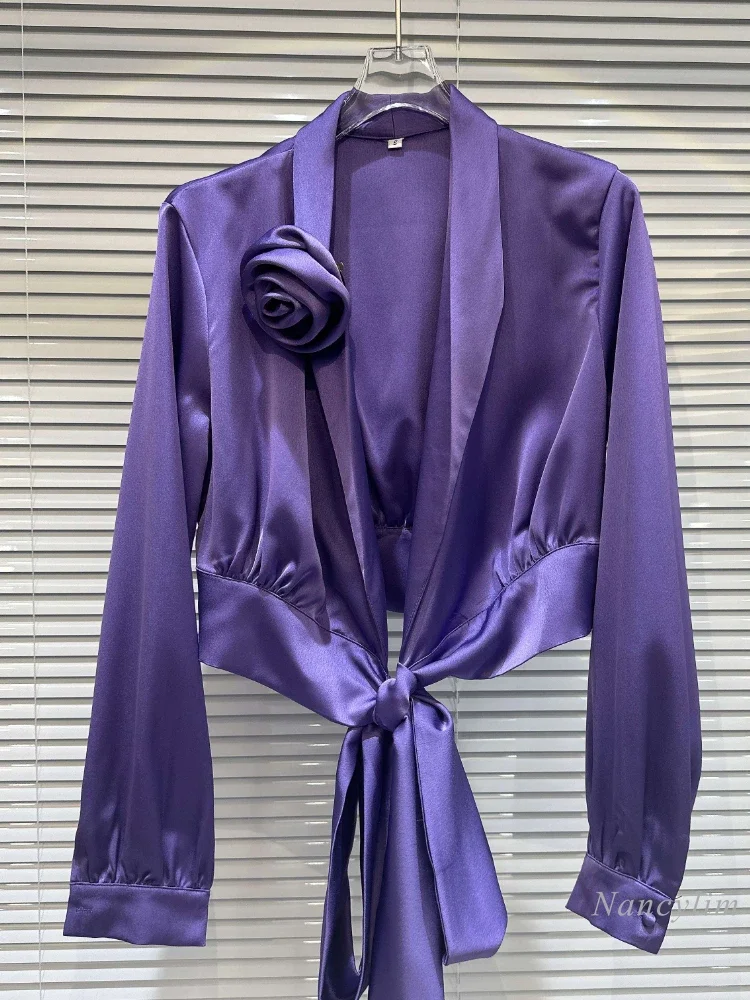 

2023 Autumn New Three-Dimensional Flower Pin Lace Bow Satin Shirt for Women Short Purple Blouse Elegant Lady Bow Tie Waist Tops