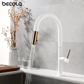 ใหม่มาถึงดึงออกก๊อกน้ำห้องครัว Rose Gold และ White Sink Tap 360องศา Rotation ครัว Mixer ก๊อกน้ำห้องครัวแตะ 2