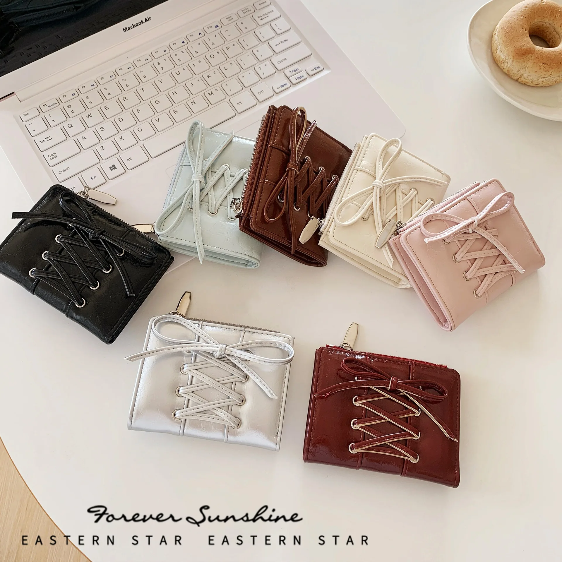 YK2 Strap Bow Women Wallets Short Wallets Card Holder Folding Zipper Coin Purse Girl PU Leather Coin Pouch Casual Clutch Bag