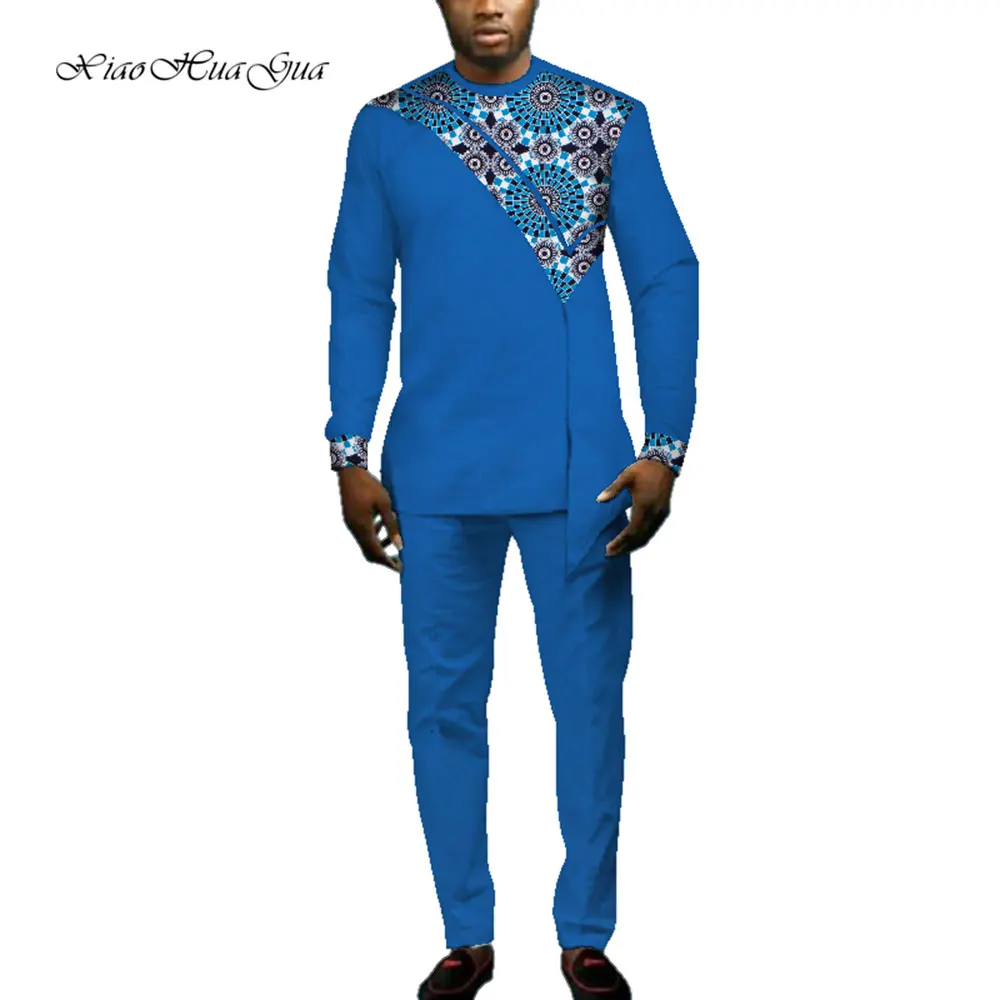 Mens African Outfits Set African Print Autumn Round Neck Long Sleeve Dashiki T-shirt+Trousers Casual Two Piece Suit Men WYN693