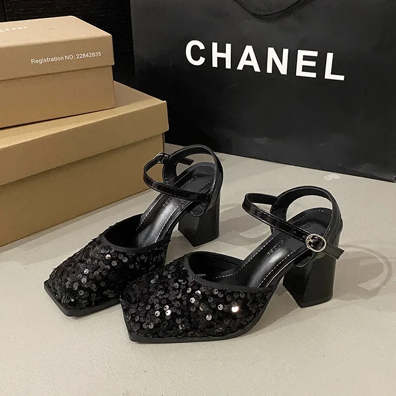 Sandals Crystals Summer Sexy Shoes for Women 2024 Slides Mules Woman Slippers Jewels High Up To Heel Normal Square toe sandals