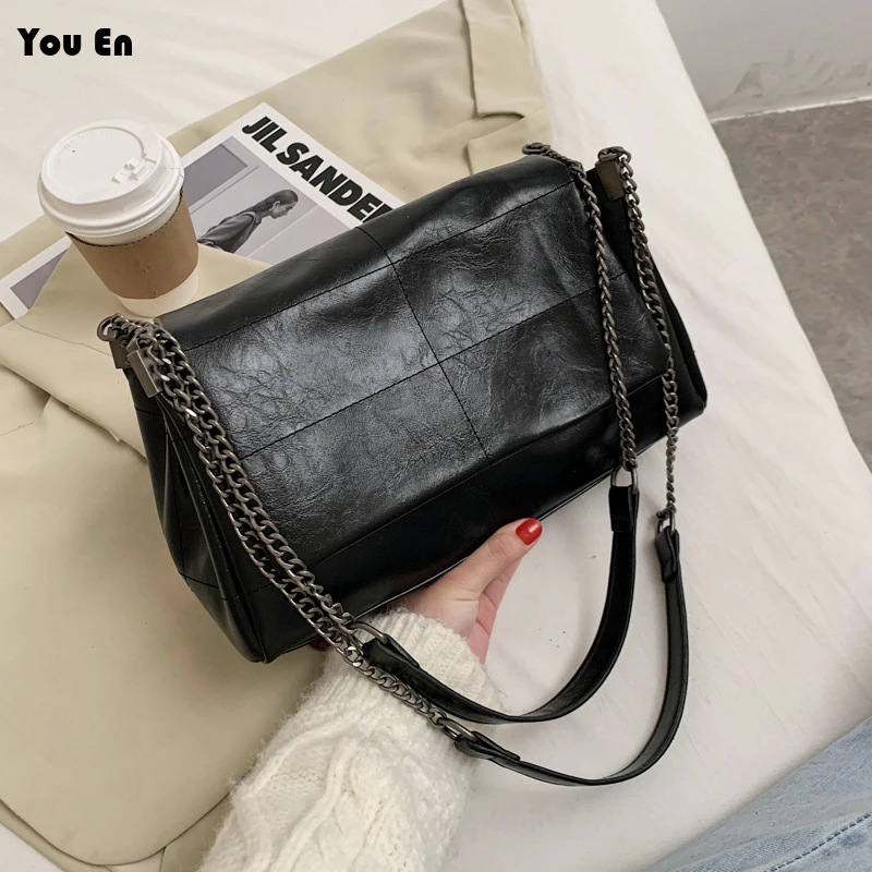 

Retro shoulder bag fashionable women's new metal chain strap crossbody bag soft PU leather large capacity shopping handbag