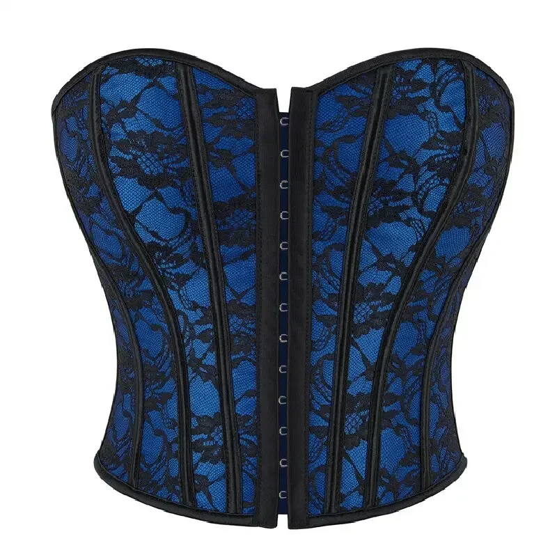 

Jacquard Lace Mesh Corset Bustier Satin Top for Women Overbust Flower Lingerie Sexy Victorian Vintage Plus Size Blue