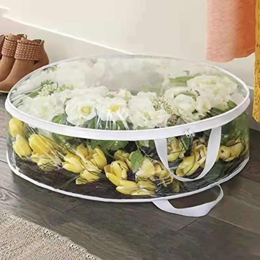 Garland Storage Bag Round PVC Transparent Dustproof Design Easy to Carry Handle Christmas Wreath Storage Bag 1/2 Pcs