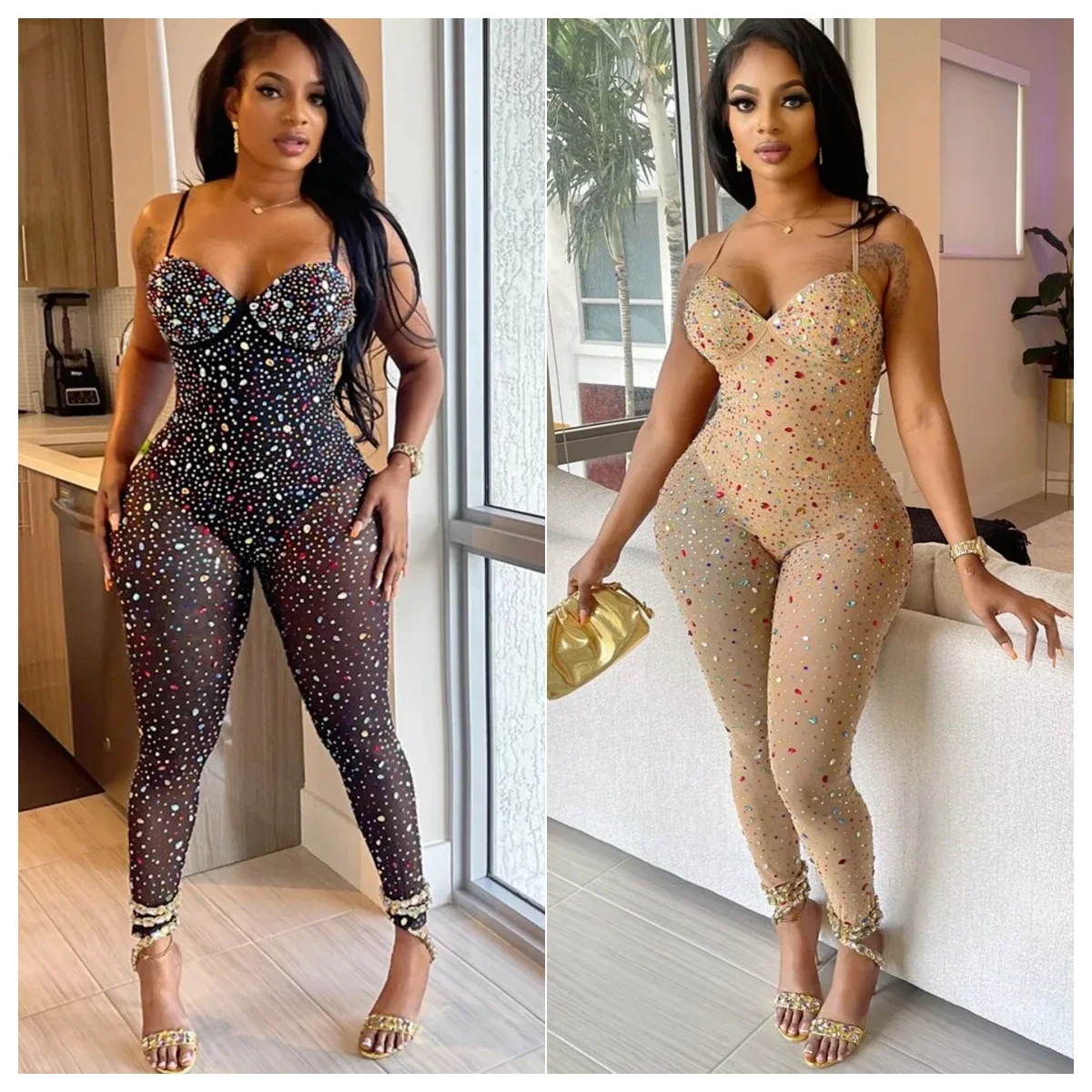 Women Crystal Diamonds Hot Rhinestones Mesh Stretch Jumpsuit 2023 Street Sexy Party Club One Piece Suit Romper Playsuit