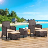 Balcony Furniture 5 Piece Patio Conversation Set, PE Wicker Rattan Outdoor Lounge Chairs with Soft Cushions 2 Ottoman&G 1