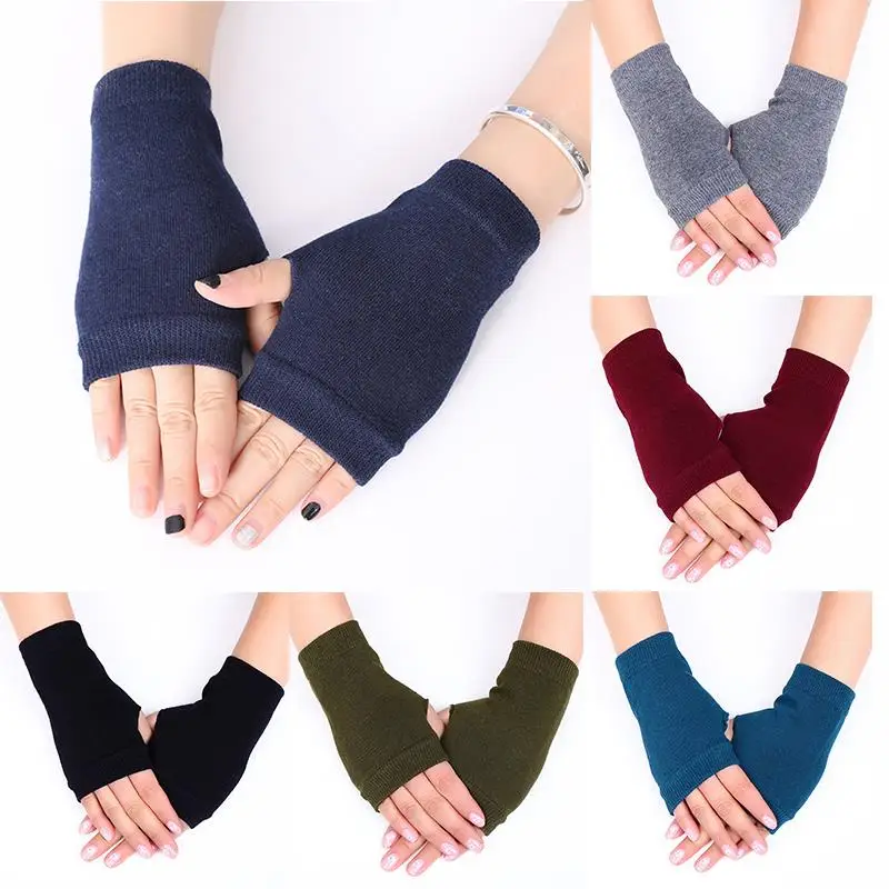 1 Pair Half Finger Gloves Solid Color Stretch Mittens Women Short Fingerless Gloves Winter Warm Knitted Gloves Cosplay Gloves