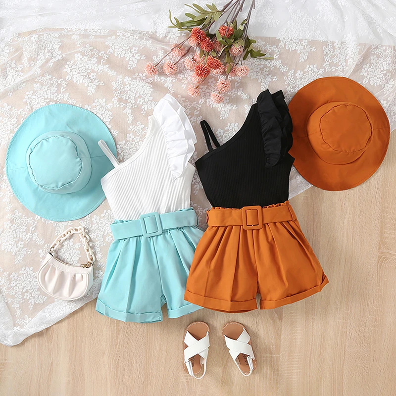 Toddler Kids Girls 4Pcs Outfit Casual Sleeveless Vest with Belted Shorts and Hat Set Summer Clothes for Girls