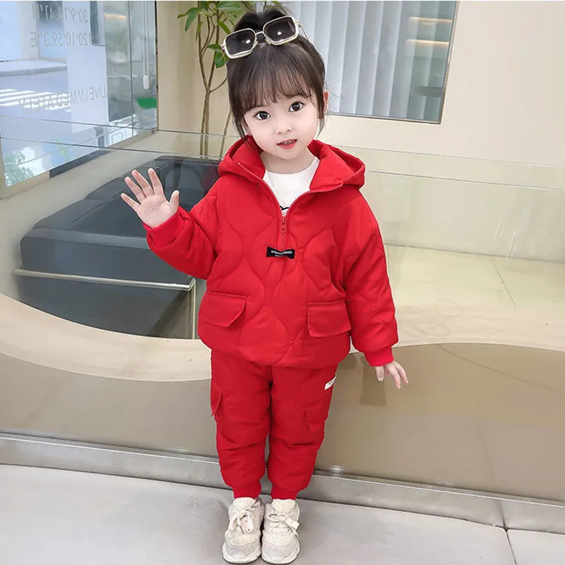

Girls' winter plush and thickened cotton jacket two-piece set, new girls' fashionable top and pants, warm cotton jacket set