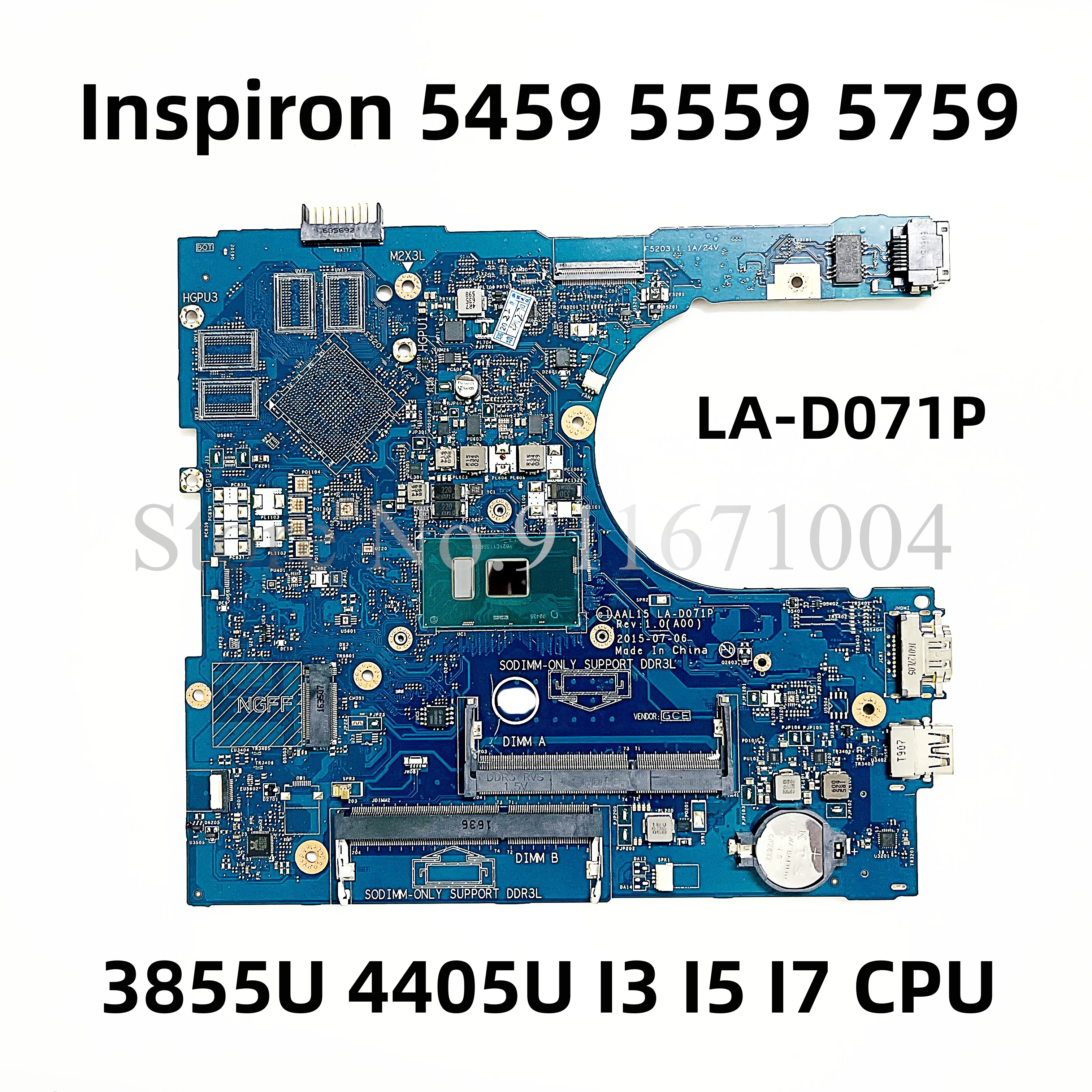 

Материнская плата для ноутбука Dell Inspiron 5459 5559 5759 с процессором 3855U 4405U I3 I5 I7 диагональю дюйма