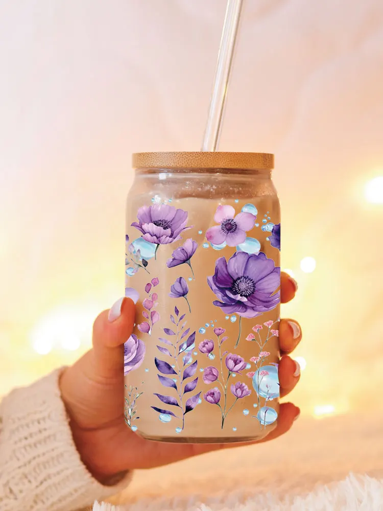 Lavender Flowers Pattern 3D UV DTF Transfer Sticker For 16oz Libbey Glasses Wraps Bottles Cup Sticker D17696 dtf transfer sticker