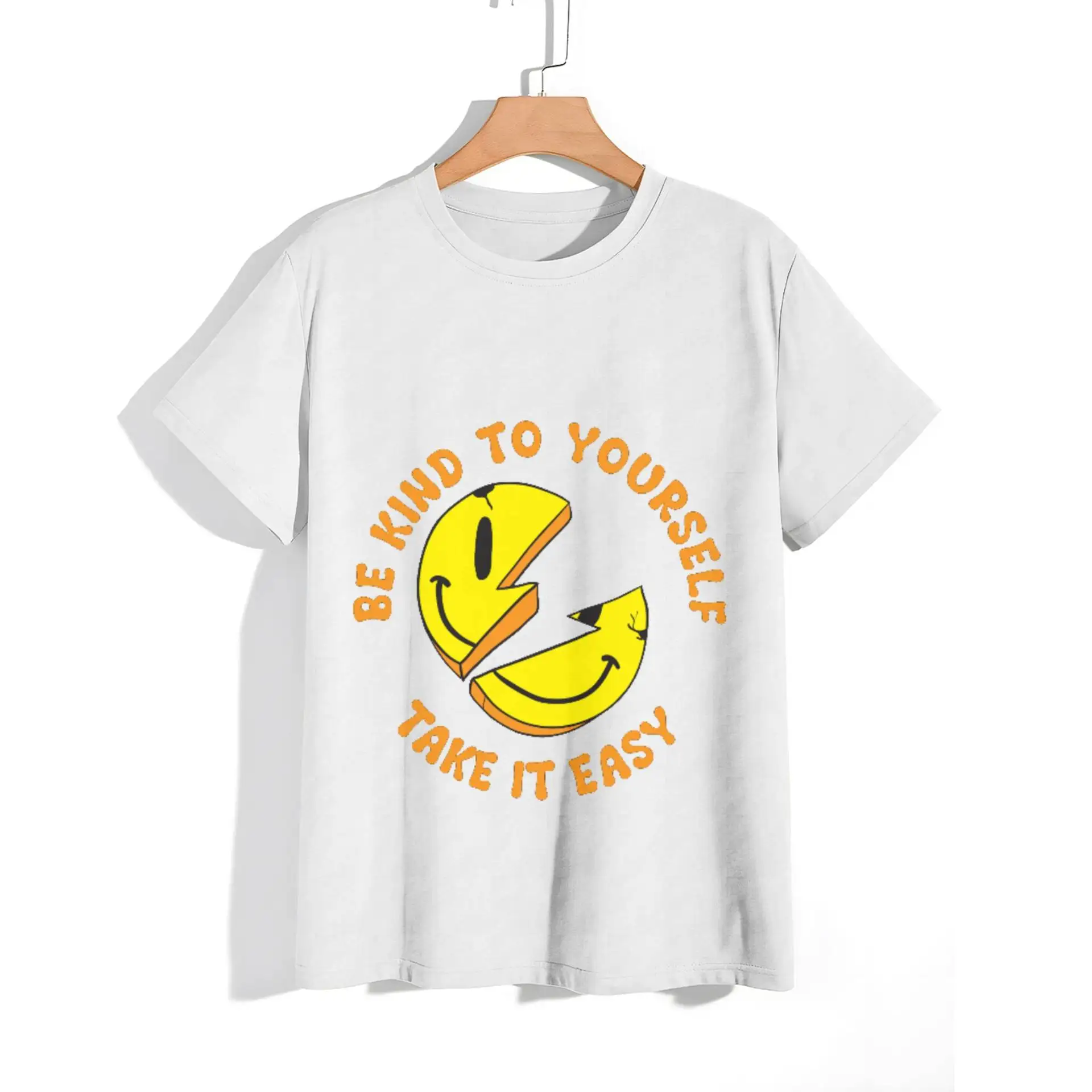 

Selected fabric art design sense crewneck T-shirt alphabet smiley face men's short sleeve T-shirt comfortable base