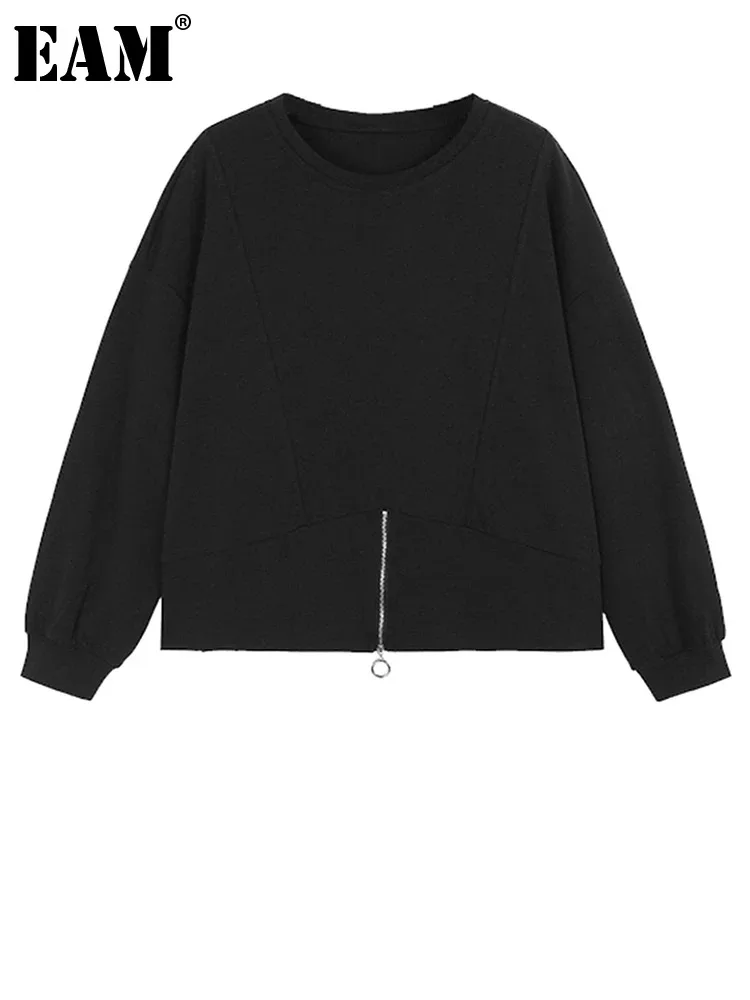 

[EAM] Black Hem Zipper Casual Sweatshirt New Round Neck Long Sleeve Women Big Size Fashion Tide Spring Autumn 2023 1DH5008