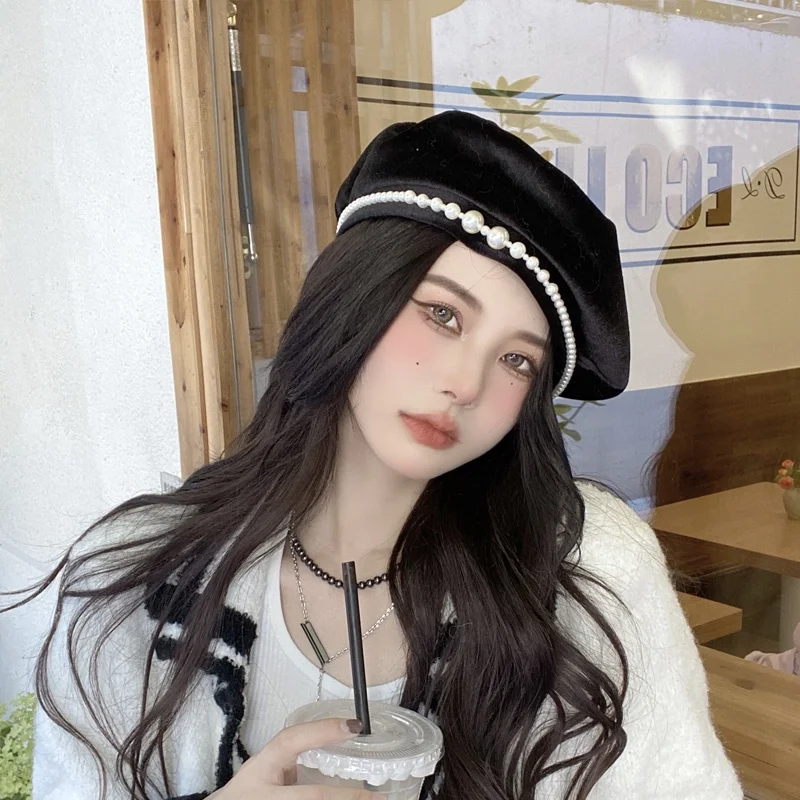 Hot Sale Musta Lapset Syksy Ja Talvi Englannin Pearl Veet Bud Naisten Kevät Elegantti Balck Baret Hat_voghion.com