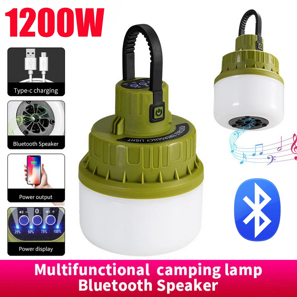 1200W Portable Solar Camping Light Bluetooth Audio Bulb USB Rechargeable Lantern Wireless Tent Market Hook Night Lamp Power Bank