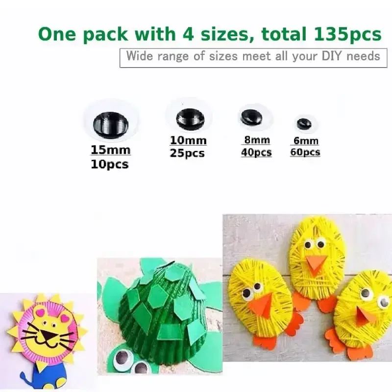 135Pcs 6-15mm 플라스틱 흔들기 눈 미니 자기 접착제 라운드 이동 Googly 눈 Jiggle 공예 눈 스티커 DIY 공예 장식