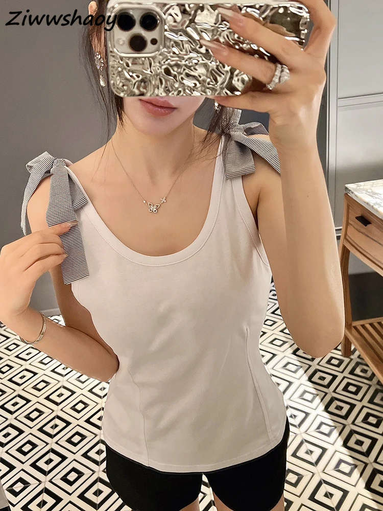 

High Quality Summer Women Fashion Runway Designer Sleeveless Solid Color Printed Bow Striped Beading Appliques Tank T-Shirts Tee
