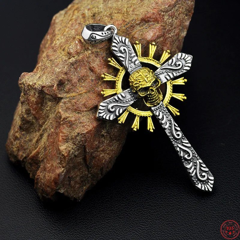 

BOCAI S925 Sterling Silver Pendant New Fashion Cross Skull Hanging Ornaments Pure Argentum Popular Jewelry for Men Women