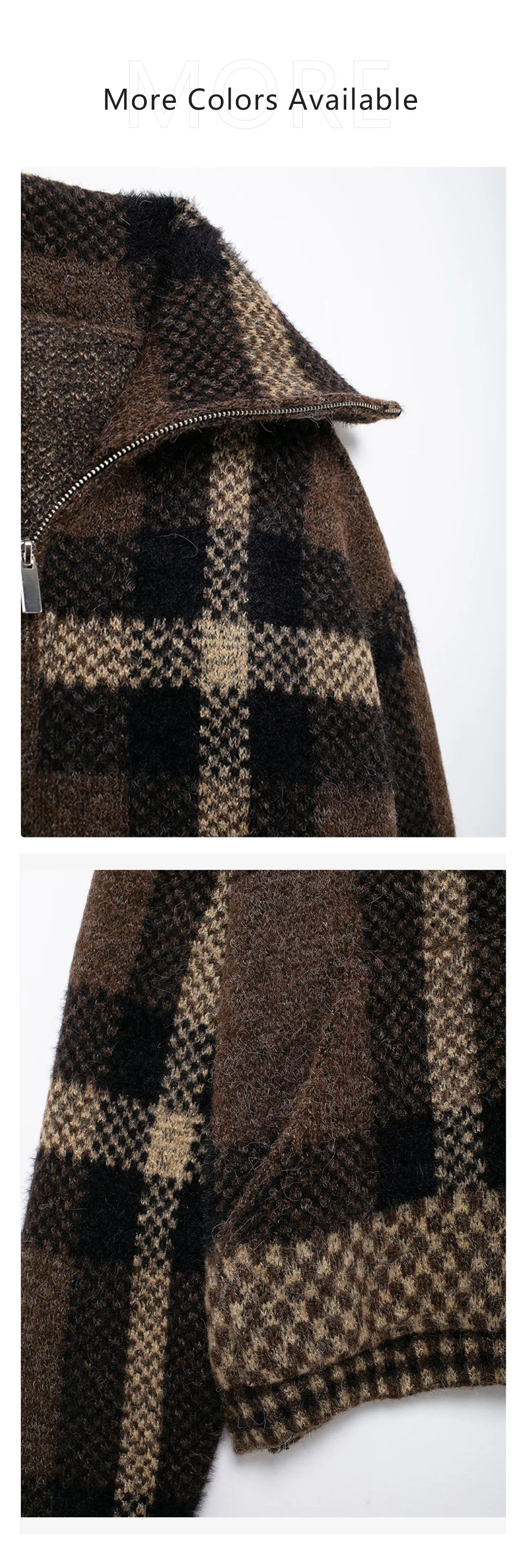 Description Picture 6 of item2024 autumn new women's clothing style fashionable and versatile lapel zipper decoration plaid knit pilot jacket jacket