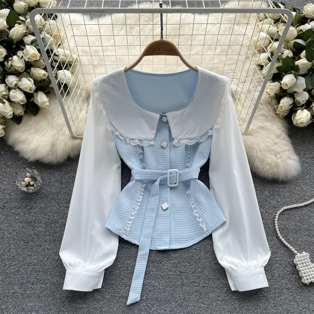 

Spring New French Sweet Doll Collar Long-sleeved Fake Two Pieces Chic Short Section Doll Tops