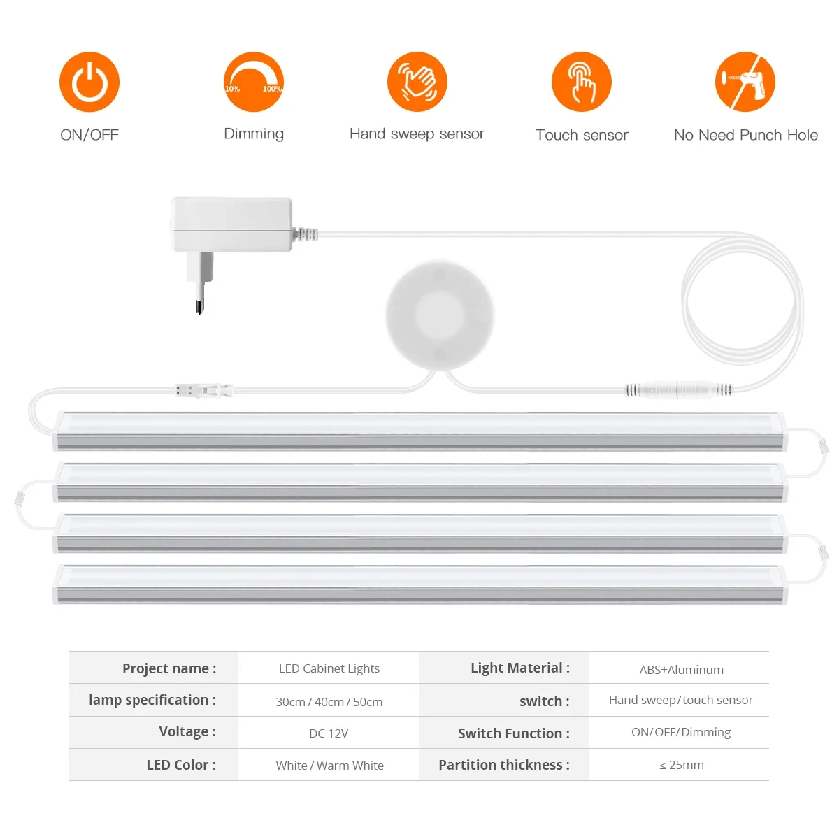 1-6PCS Set LED Cabinet Bar Lamps EU 220V Integrated Lighting With Dimmable Touch/Hand Sweep Sensor Switch 25mm Board Penetrable 2