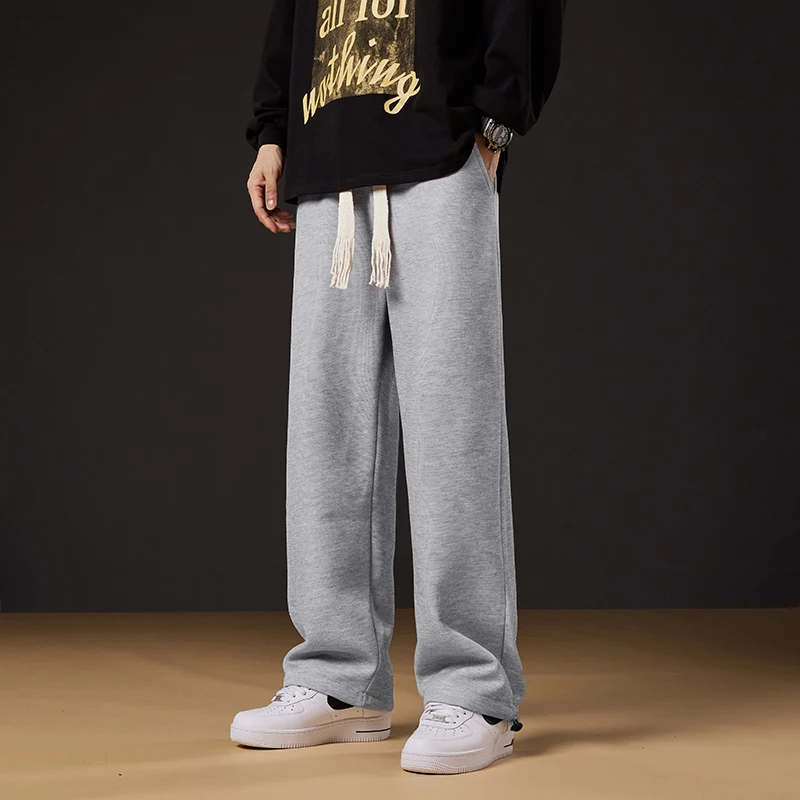 Men's Autumn Winter Solid Bandage Drawstring Elastic High Waisted Pockets Loose Casual Wide Leg Sports Trousers Vintage Pants