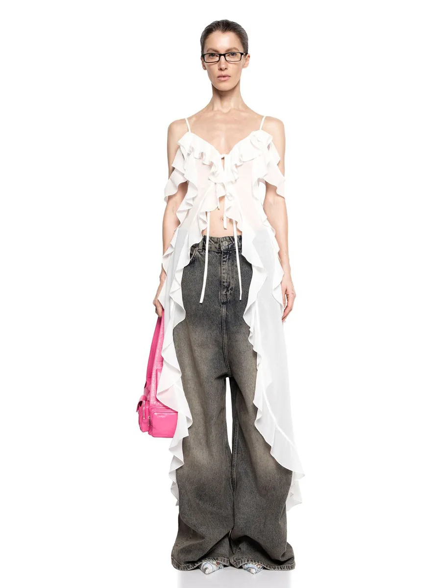 Bornladies Women's Strap Dress 2025 Summer New Irregular V-neck Ruffle Ribbon Sexy Sleeveless Strap Long Dresses