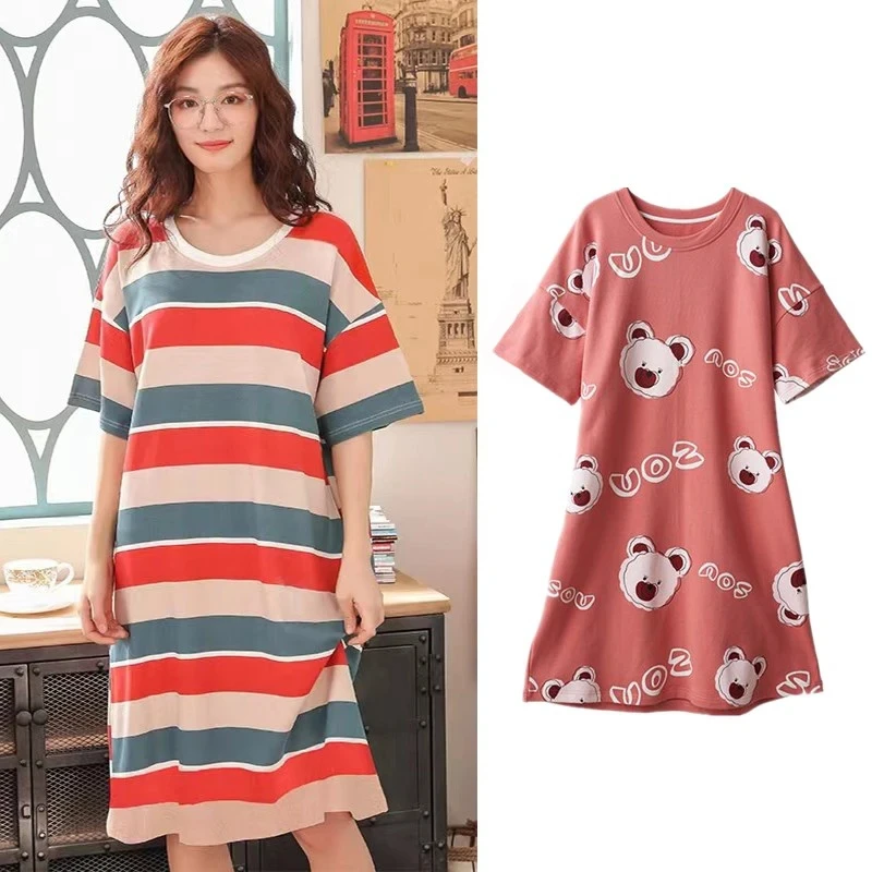 Women Sleeping Dress Korean Short Sleeve Nightgown Summer Plus Size Ladies Sleepwear Lounge Cartoon Print Pajamas Cute