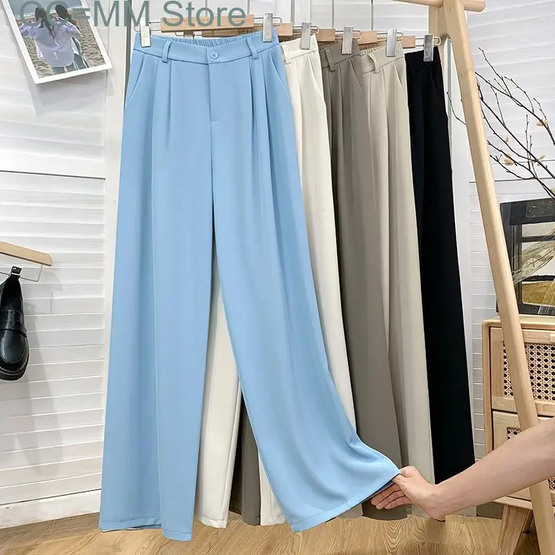 New Woman Pants Straight Wide Leg Suit Work Pants for Office Ladies Summer Korean Style Fashion Black Bottoms Trousers