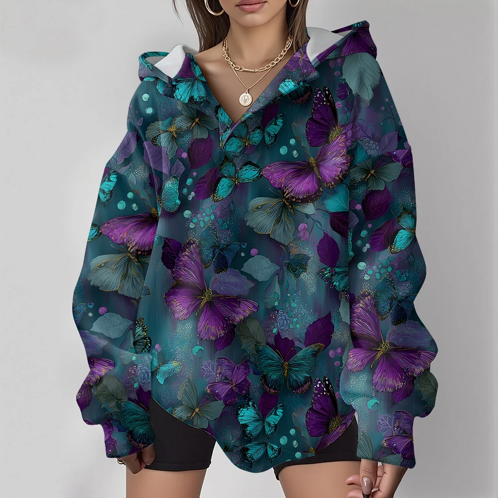 Gemütlicher Schmetterlings-Kapuzenpullover für Damen, lockere Passform, weicher Pullover mit V-Ausschnitt, lebendiger Blumendruck für Lounge, Alltag, Reisen in der kalten Jahreszeit – Detail 6