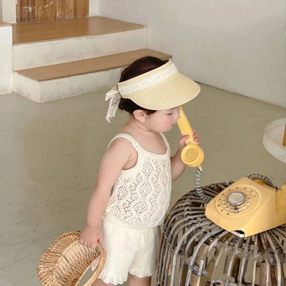 New Summer Baby Straw Caps Empty Top Beach Bow Lace Straw Hat Wide Brim Korean Children Sun Hat Vacation