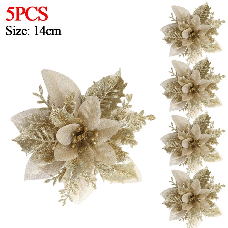 6 Fiori Di Natale Poinsettia Glitter Con Clip - Rossi E Oro - Decorazioni Per Albero E Casa