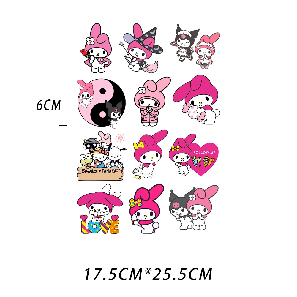 쿠로미 헬로 키티 열 전달 스티커, 귀여운 다리미 온 패치, 어린이 의류, 다림질 응용, 12PCs/로트