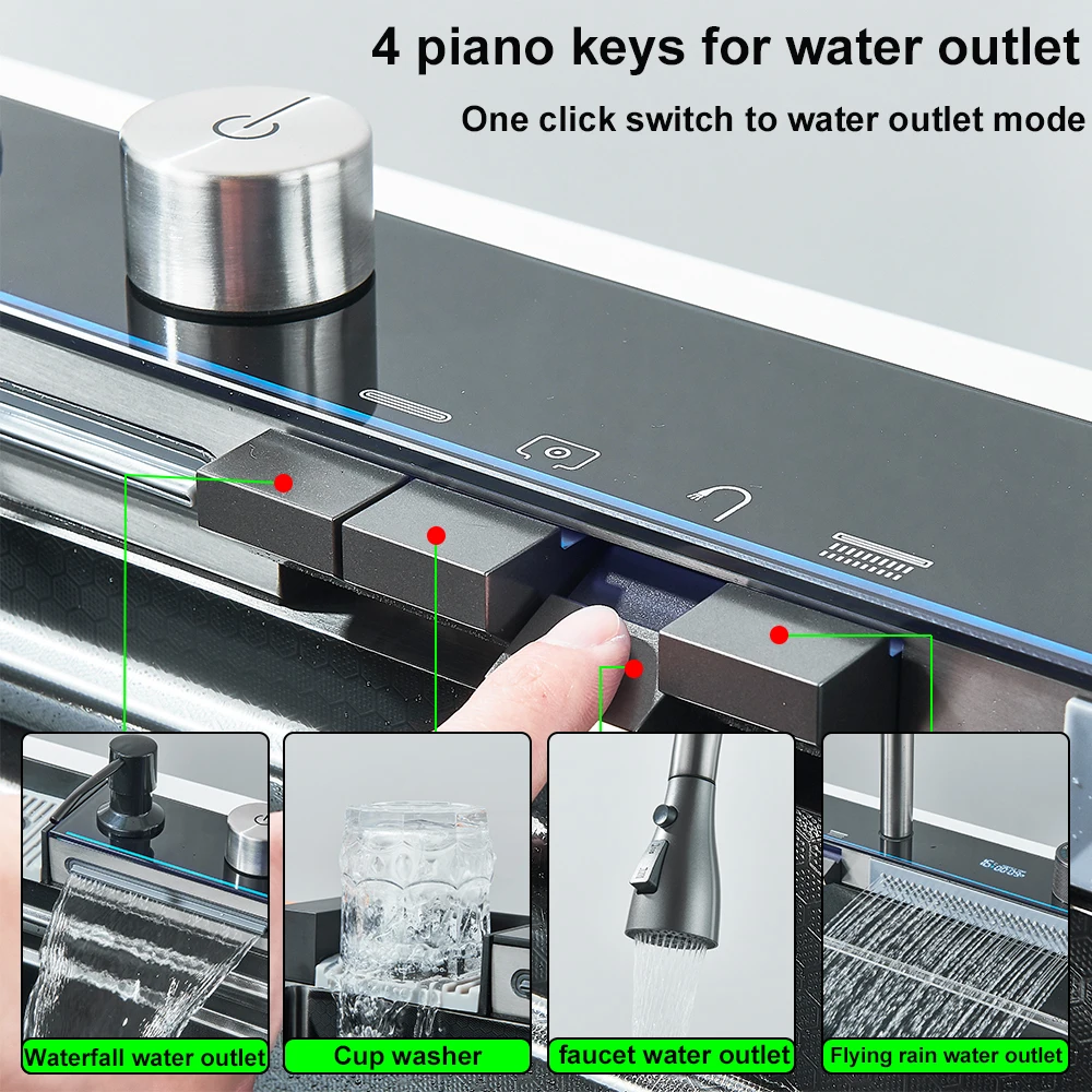Sink Waterfall Kitchen Sink Large Single Slot Integrated Digital Display Faucet Set Kitchen Utensils Set Cold Hot Water Mixer 5