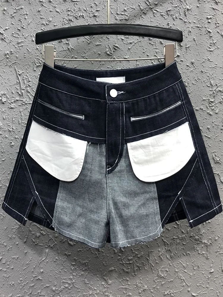 

Fashionable Summer Color Contrast Irregular Slit Denim Shorts Women's New High Waist Straight Patchwork A-line Wide-leg Pants