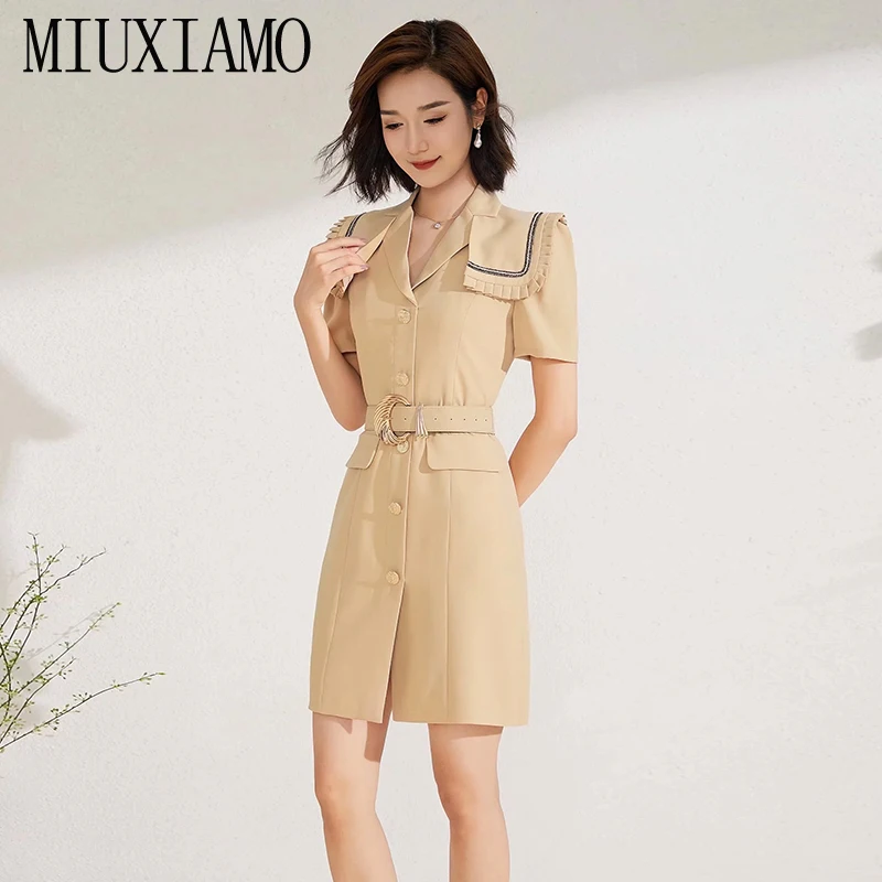 

MIUXIMAO 2022 High Quality Spring&Summer Elegant Dress Short Sleeve Notched Single Breasted Fashion Mini Dress Women Vestide